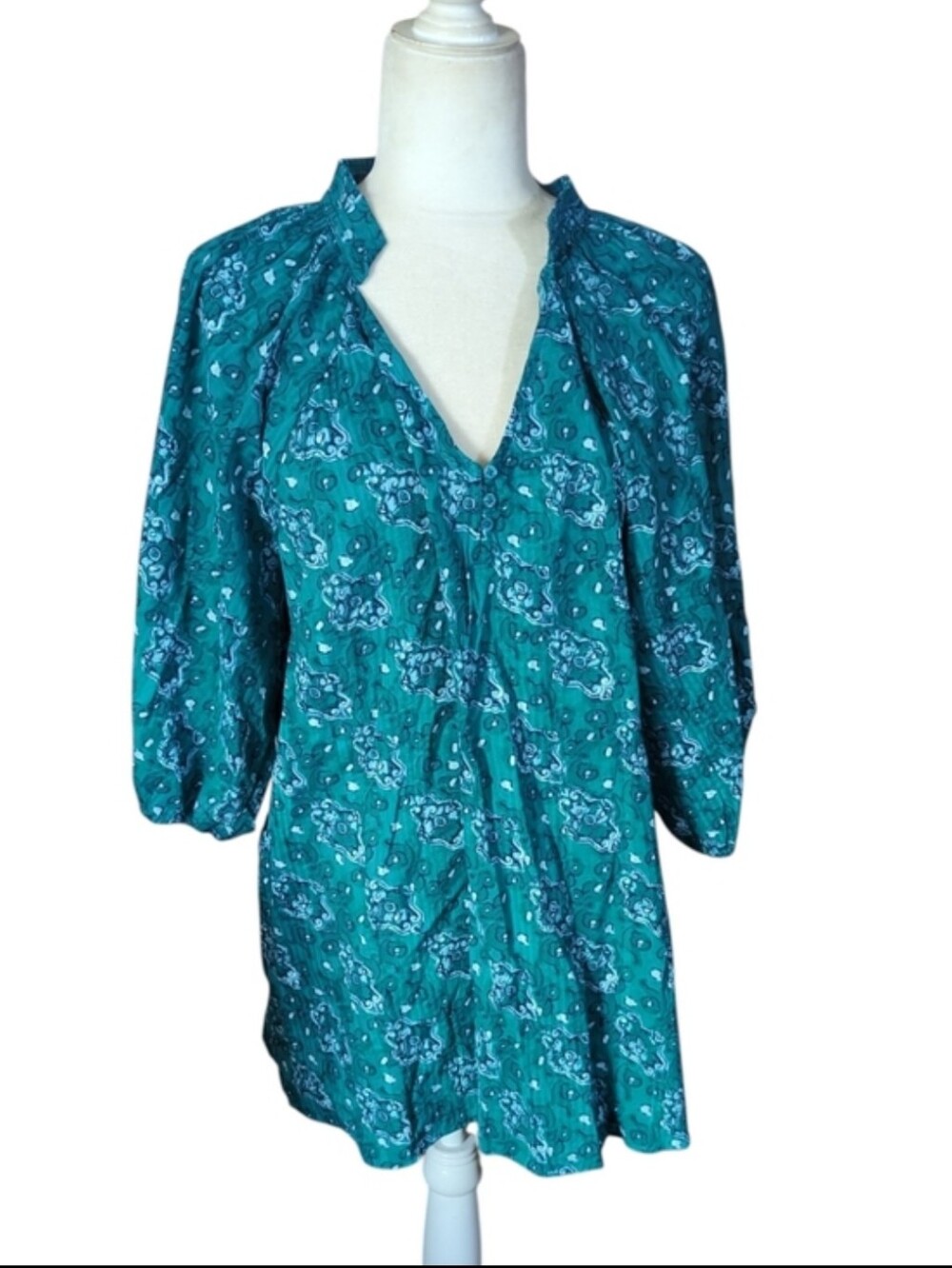 Lane Bryant Teal Paisley Print V-Neck henley Blouse Cotton Boho NWT Sz 18/20